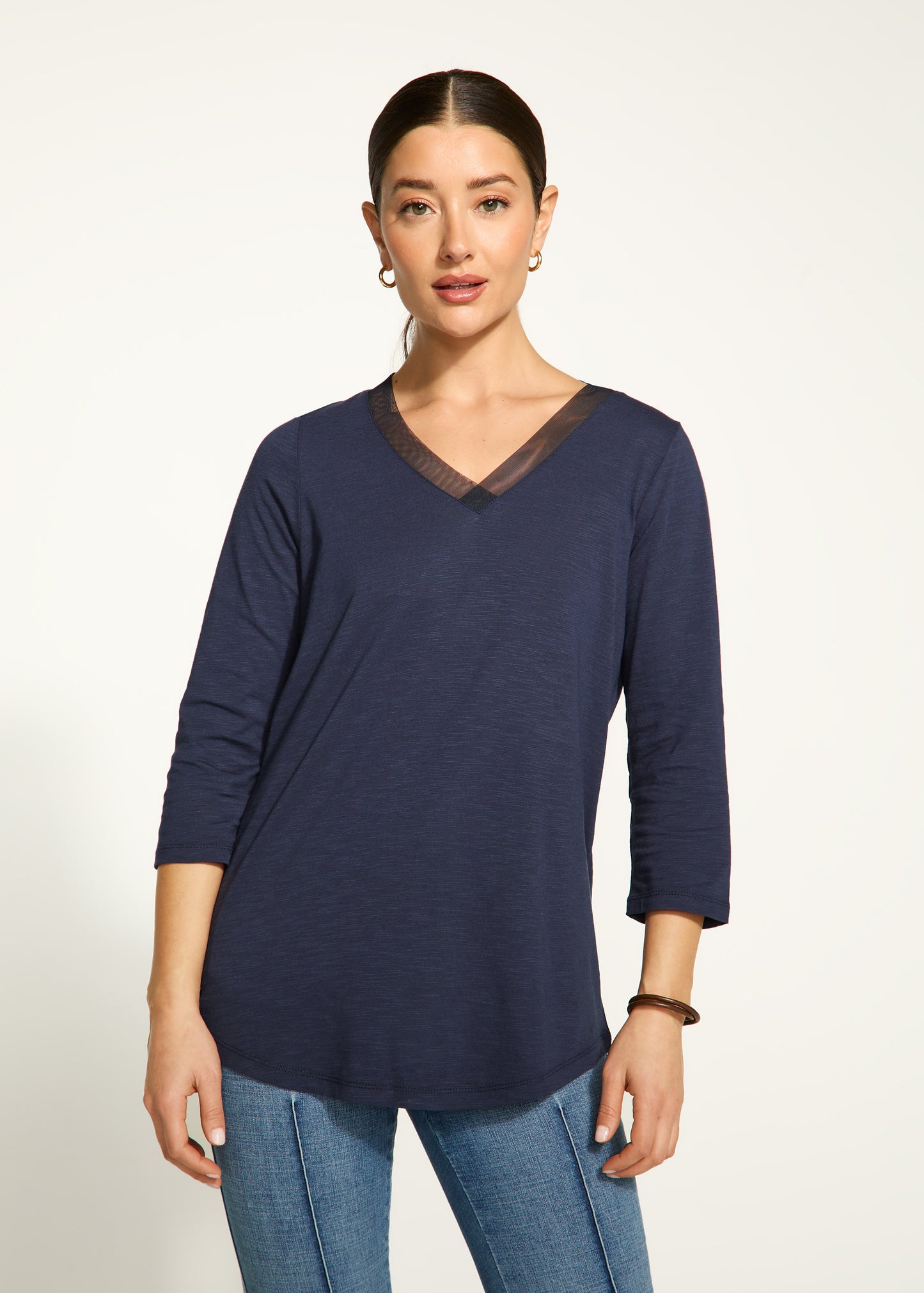 Mesh Trim V-Neck Top