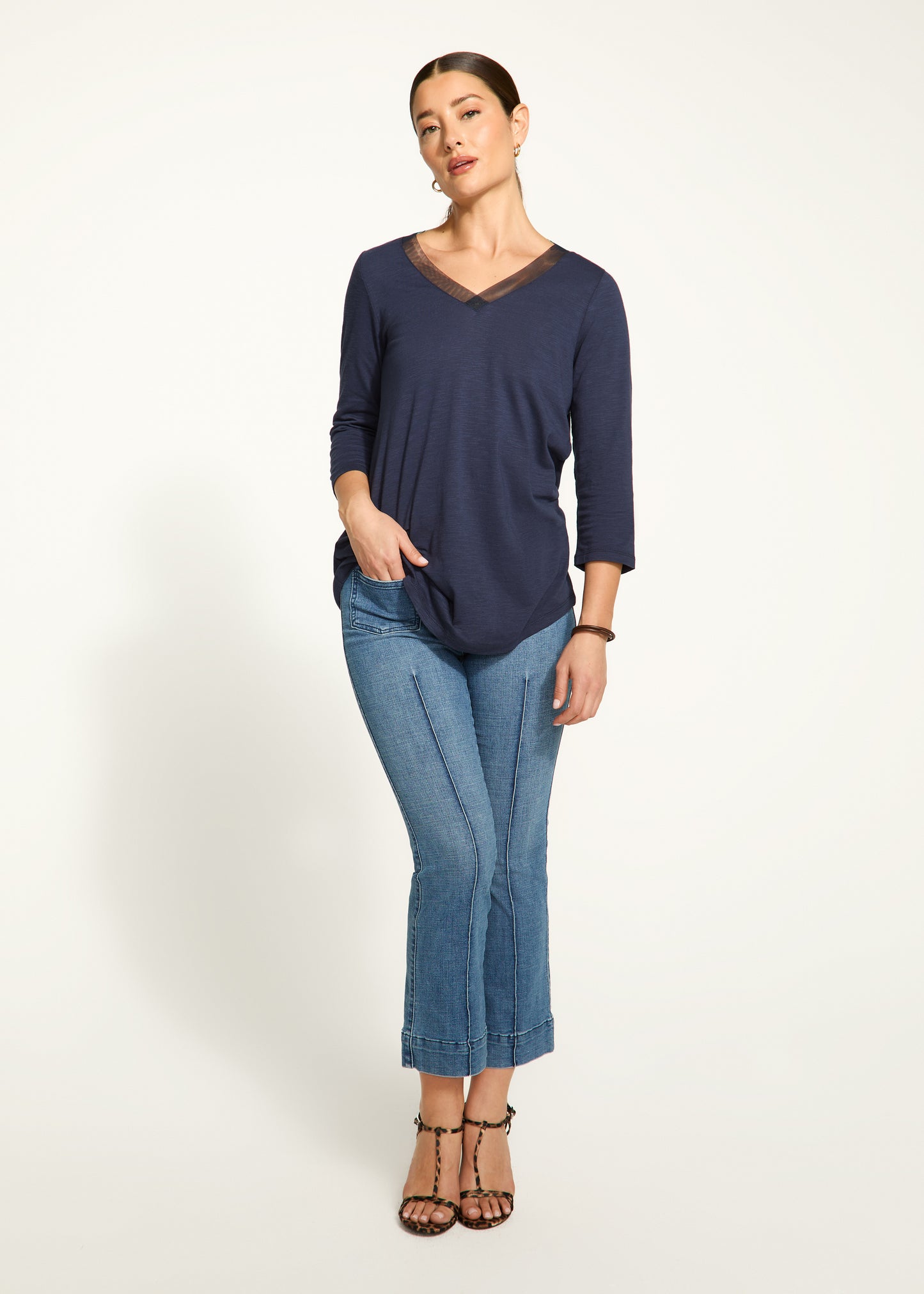 Mesh Trim V-Neck Top