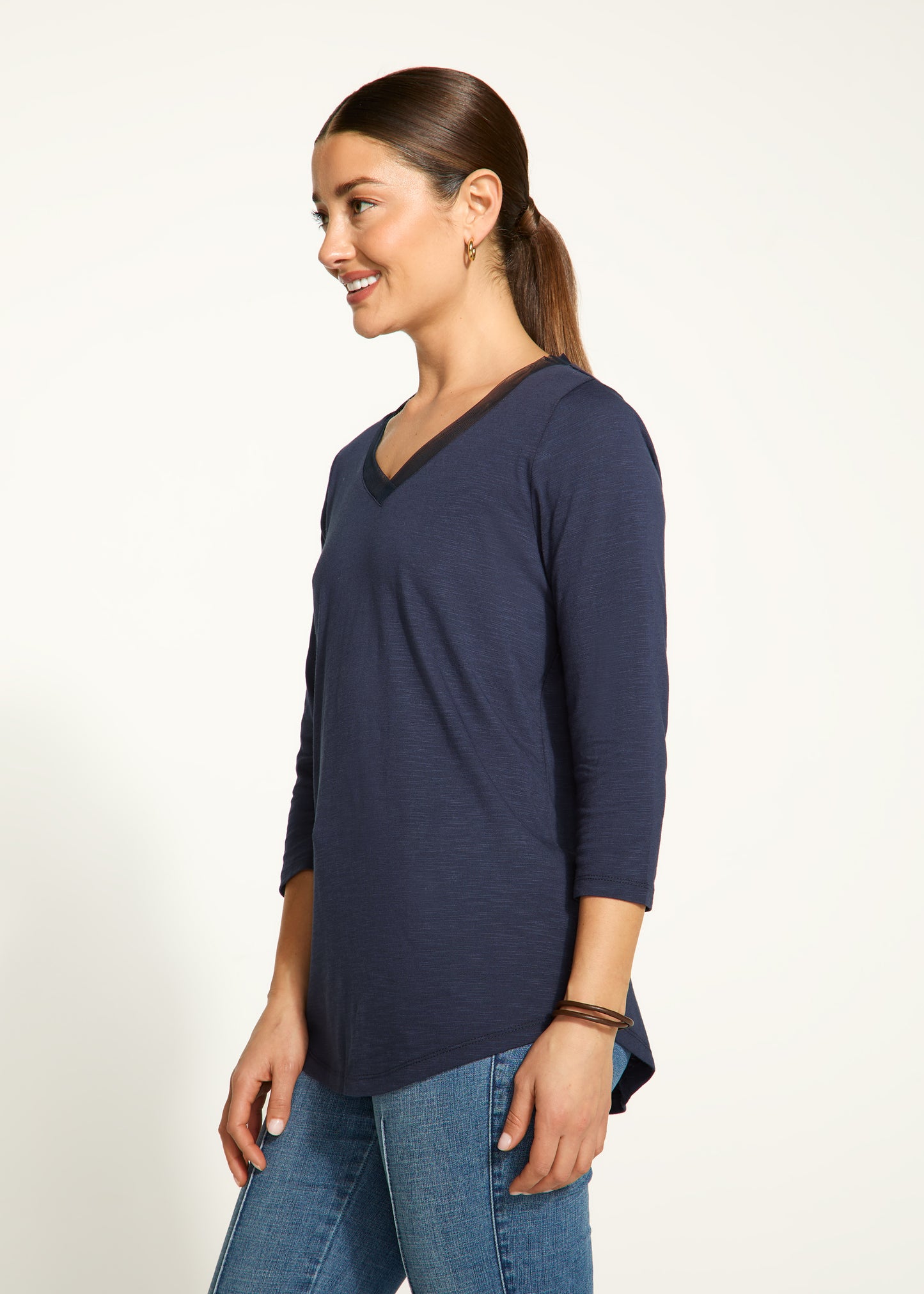 Mesh Trim V-Neck Top